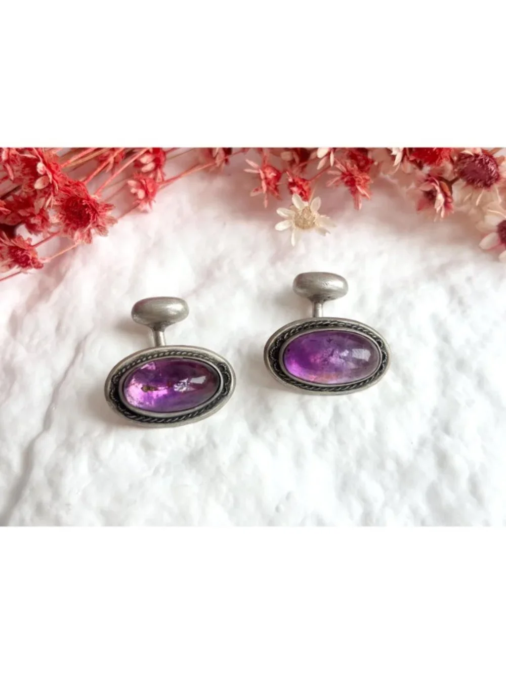 Amethyst Cabochon Gemstone Vintage Sterling Silver 925 Men's Cufflinks